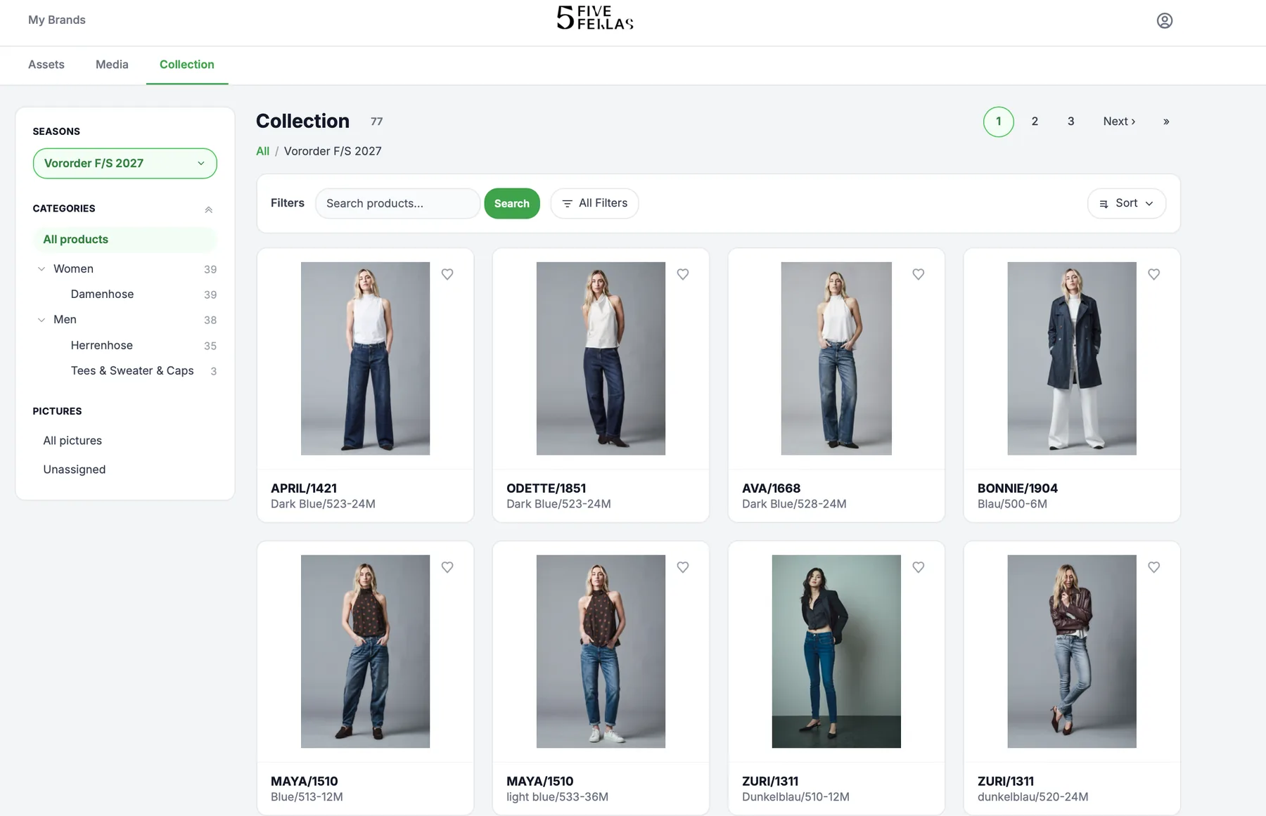 MEDIABOOK Collection-Ansicht der Denim-Brand Five Fellas: Vororder F/S 2027 mit Styles und Farbvarianten am Model