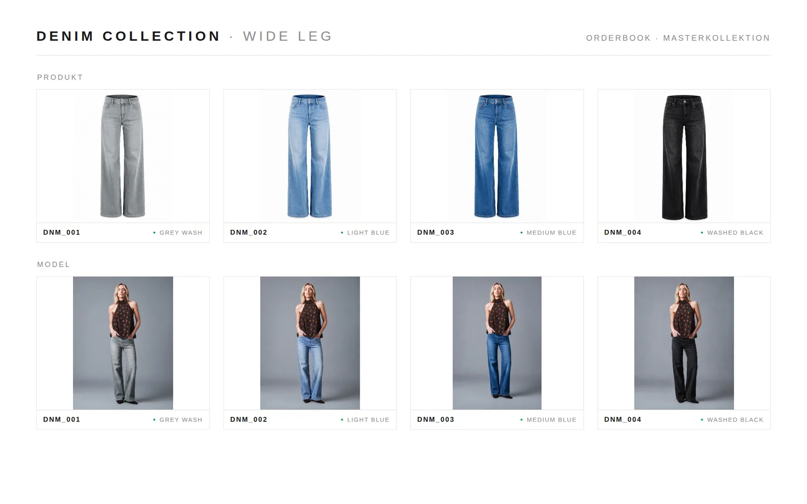 Masterkollektion nachher: dieselben vier Jeans als Produktbild und am Model in Grey, Light Blue, Medium Blue und Washed Black