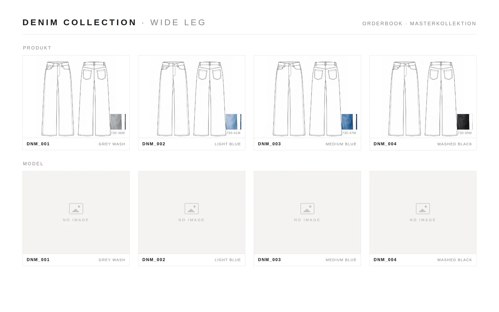 Masterkollektion vorher: vier Jeans nur als technischer Sketch, beim Model viermal ‚No Image‘